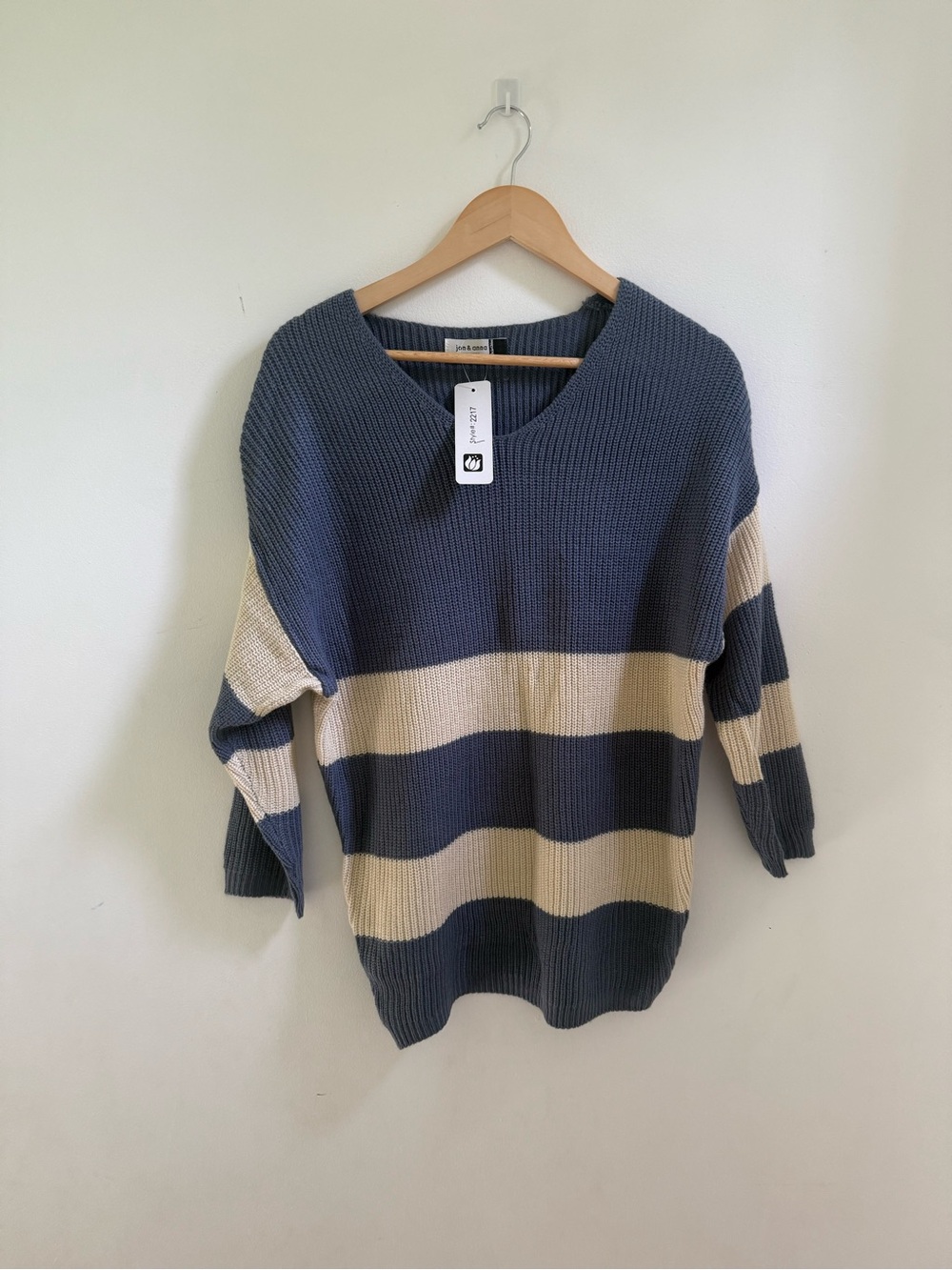 Striped V-Neck Knit Sweater in Blue and Cream